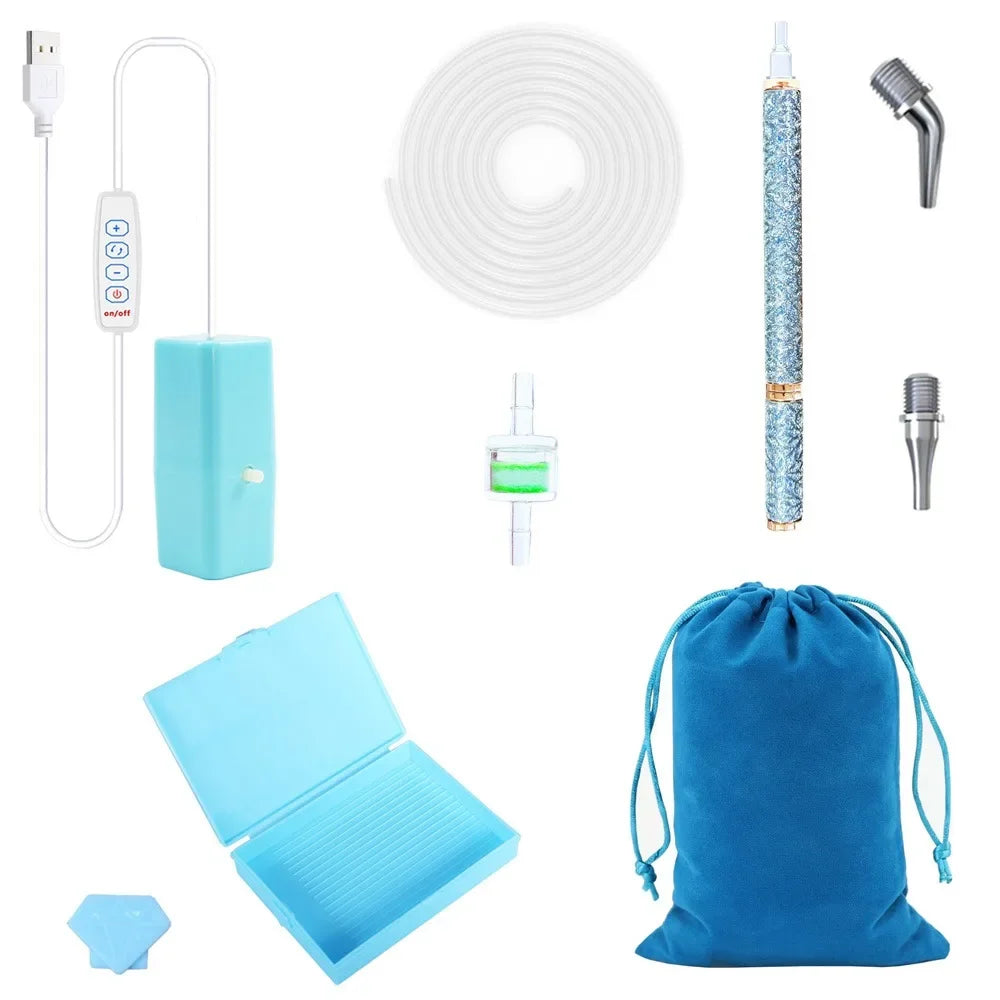 Electric diamond painting pen kit with a suction tool, including the pen, tools, and storage pouch.
