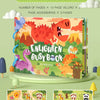 A colorful Montessori busy book featuring dinosaur and animal figures for quiet learning activities.