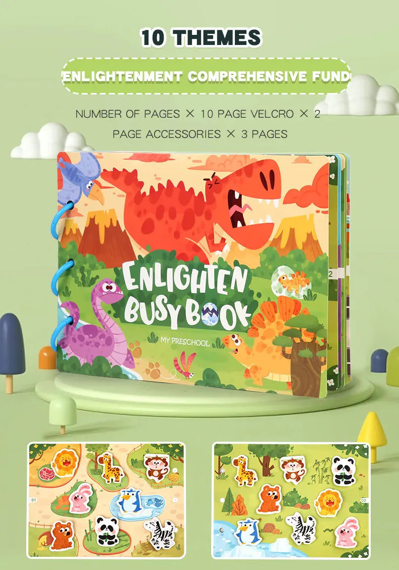 A colorful Montessori busy book featuring dinosaur and animal figures for quiet learning activities.