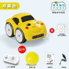 A yellow interactive sensor RC car is shown with accessories like a remote control, battery, and instruction manual.