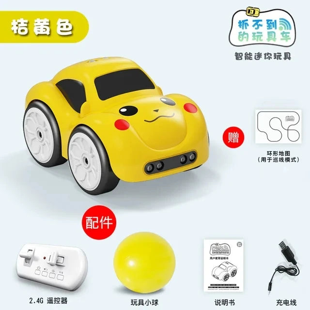 A yellow interactive sensor RC car is shown with accessories like a remote control, battery, and instruction manual.