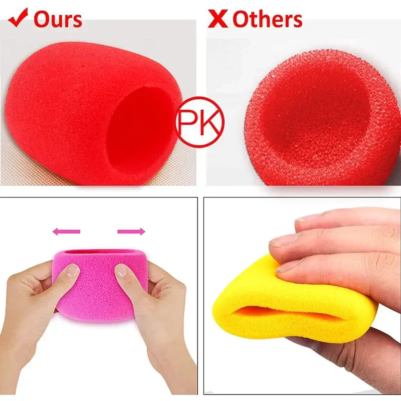 Comparison of microphone windscreen foam covers, showing a red one versus other colored options and a yellow cover.