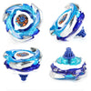 A metal spinning top featuring blue and silver components with an orange dragon design.