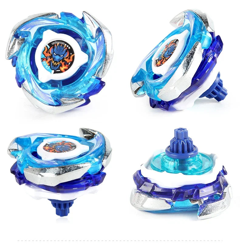 A metal spinning top featuring blue and silver components with an orange dragon design.