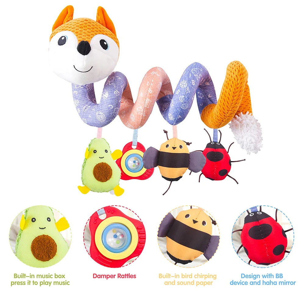 A set of spiral sensory rattle toys featuring an orange fox, yellow bee, and red bee, designed for babies.