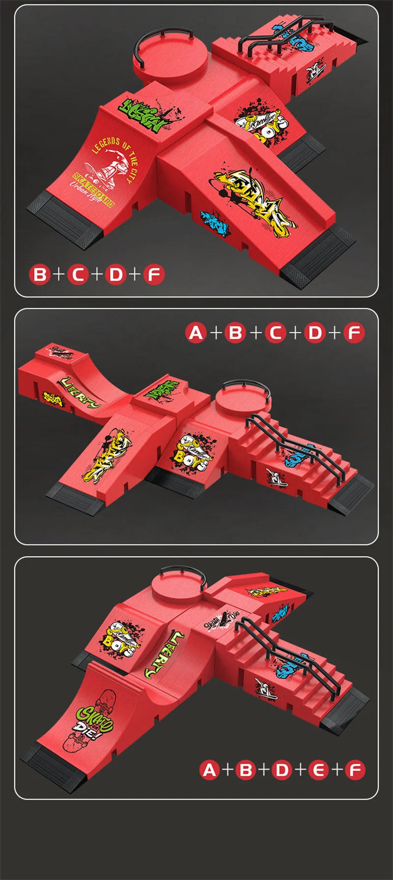 A red finger skateboard park set featuring ramps and rails shown in various configurations.