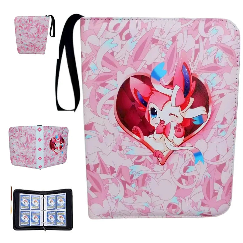 Pink PU leather card binder with a zipper and a matching strap, featuring a detailed illustration of a rabbit character.