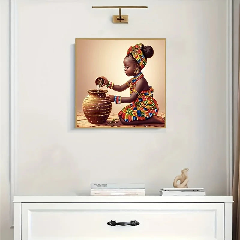 A portrait of a young African girl in traditional attire holding a ceramic jar, painted with diamond art.