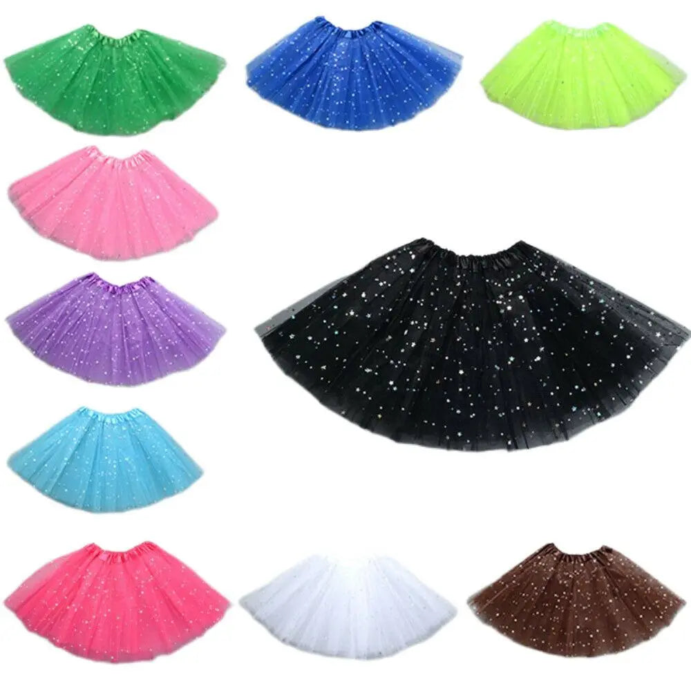 A collection of nine sparkling princess tutus dresses in various colors including green, blue, yellow, pink, purple, and blac