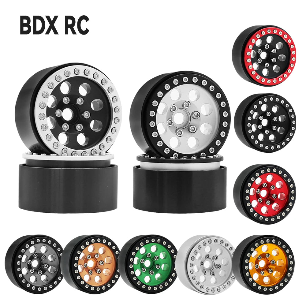 Set of 1/10 RC crawler metal beadlock wheels with removable hex hubs in various colors and finishes