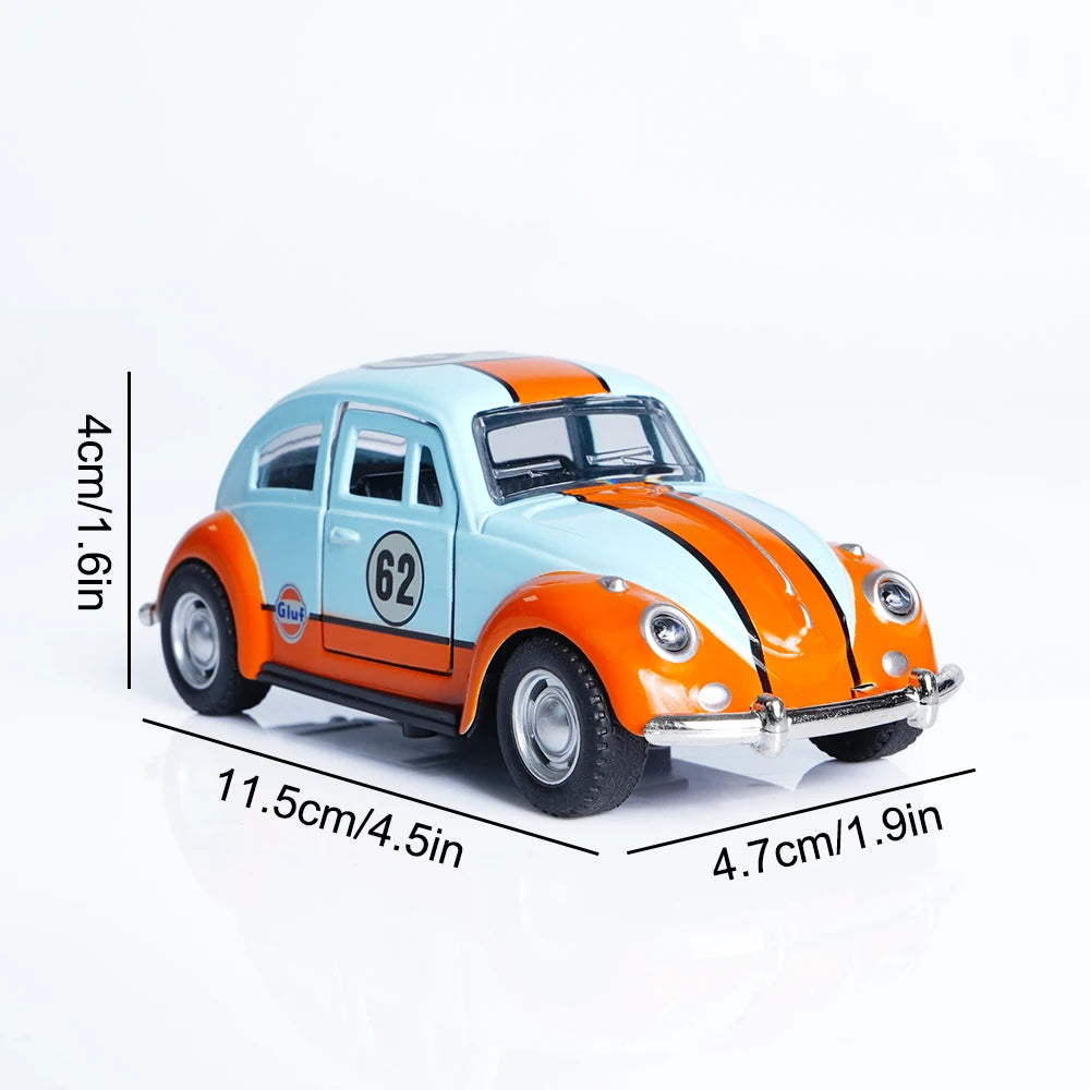 A 1:36 scale die-cast retro Beetle car painted light blue and orange with opening doors.