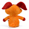 An orange plush doll resembling a cat with large red ears and a soft texture.
