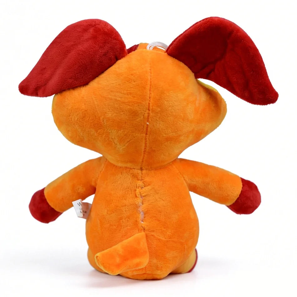 An orange plush doll resembling a cat with large red ears and a soft texture.