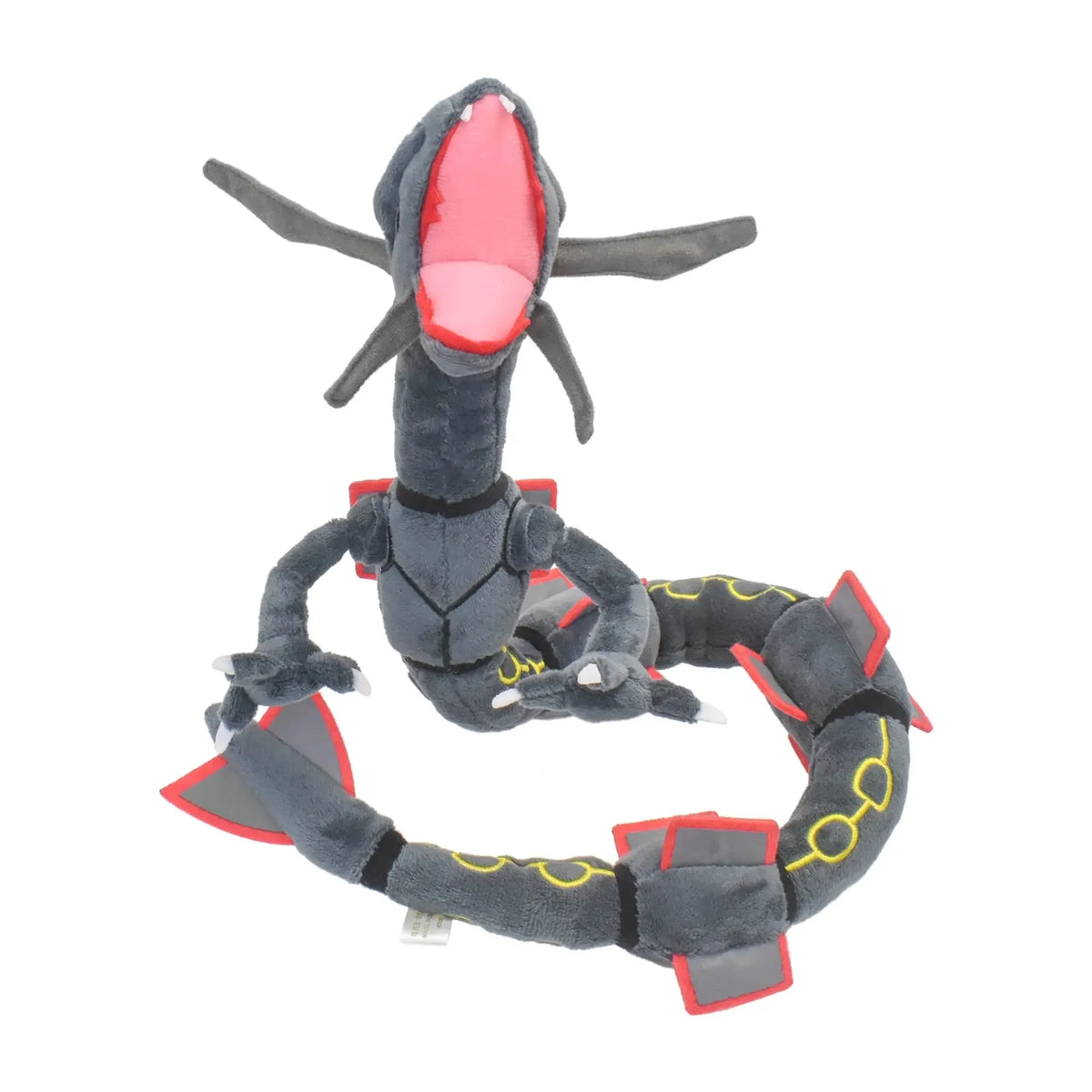 A plush toy of Shiny Rayquaza with a large open mouth and yellow accents.