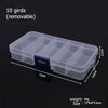A clear plastic storage box with ten removable dividers for jewelry and craft supplies, measuring 13cm long.