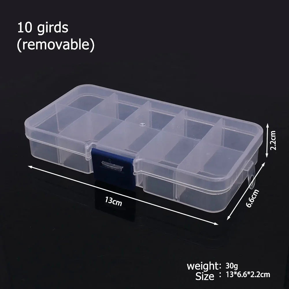 A clear plastic storage box with ten removable dividers for jewelry and craft supplies, measuring 13cm long.