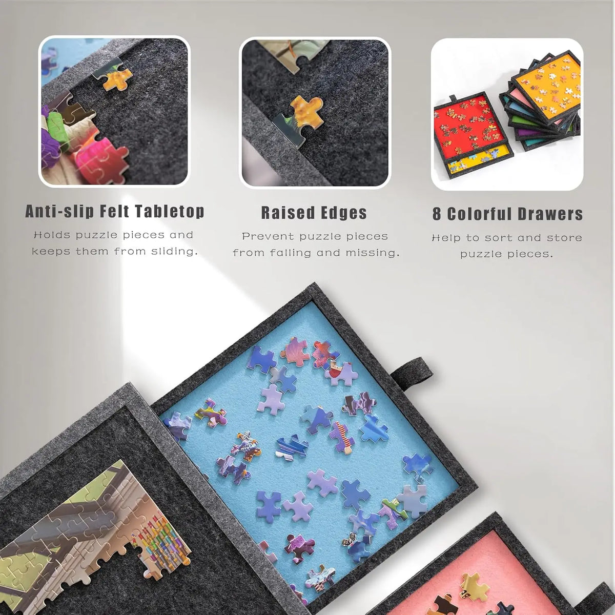 A tilting and foldable puzzle board with raised edges and eight colorful drawers for sorting and storing puzzle pieces.