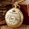 A gold-toned pendant necklace featuring an engraved message I love you forever to my son