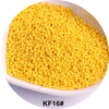 A pile of yellow seed beads is shown in a white bowl.