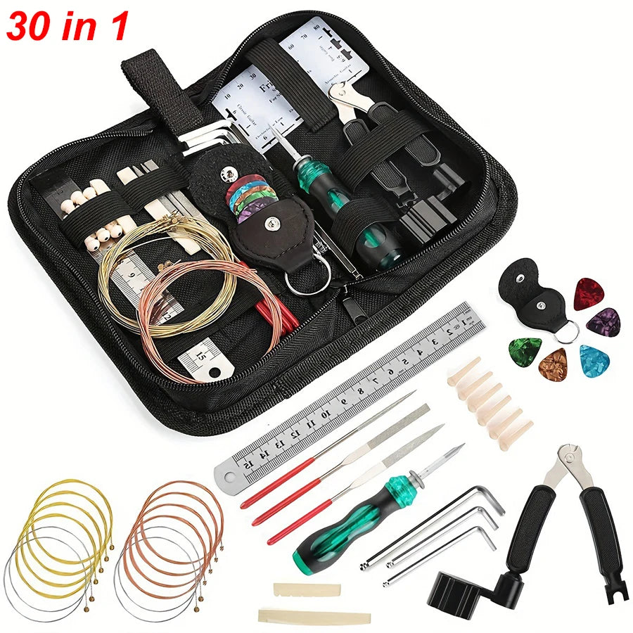 A black pouch containing a 30 in 1 guitar repair tool kit with various tools and accessories.