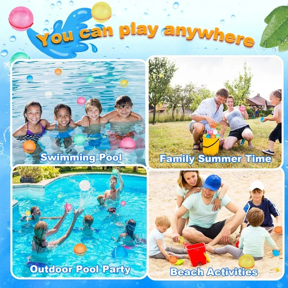 Image showing various outdoor water play activities including swimming pools, family summer time, and beach activities.