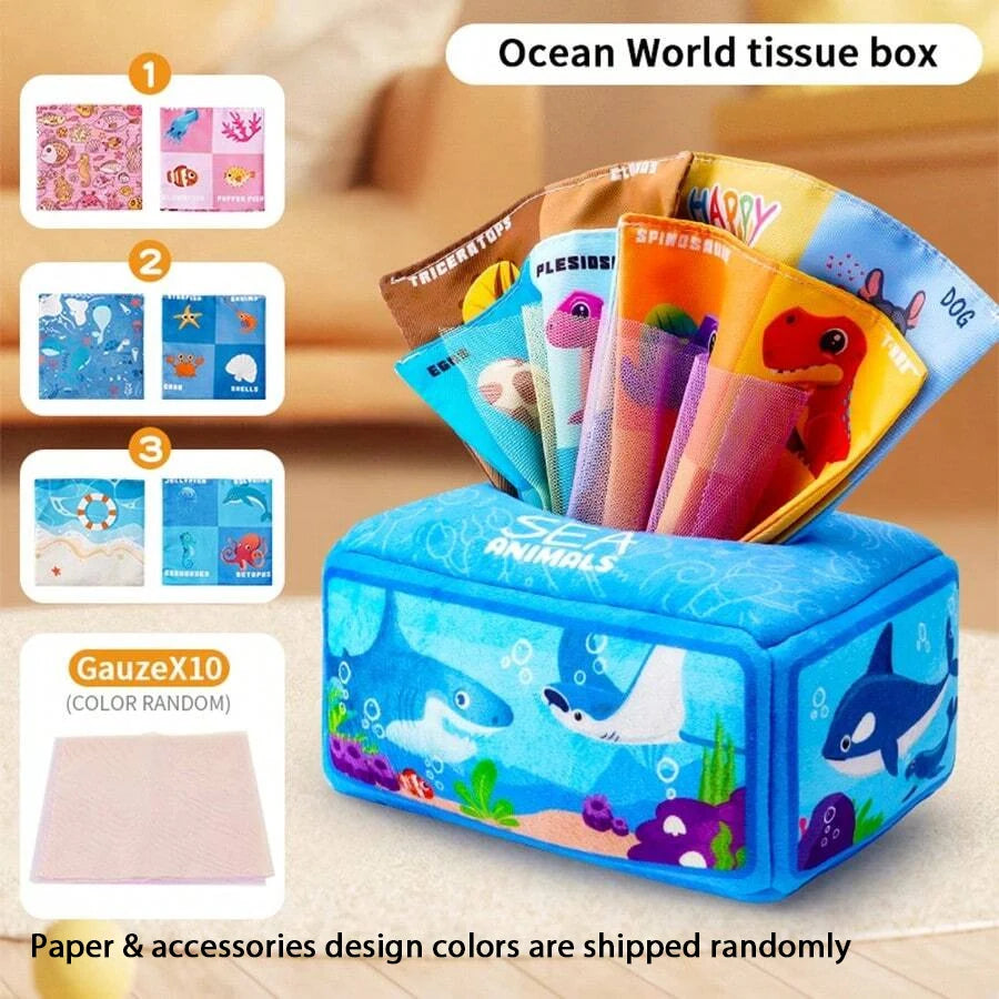 A blue tissue box filled with various animal-themed gauze and accessories for babies