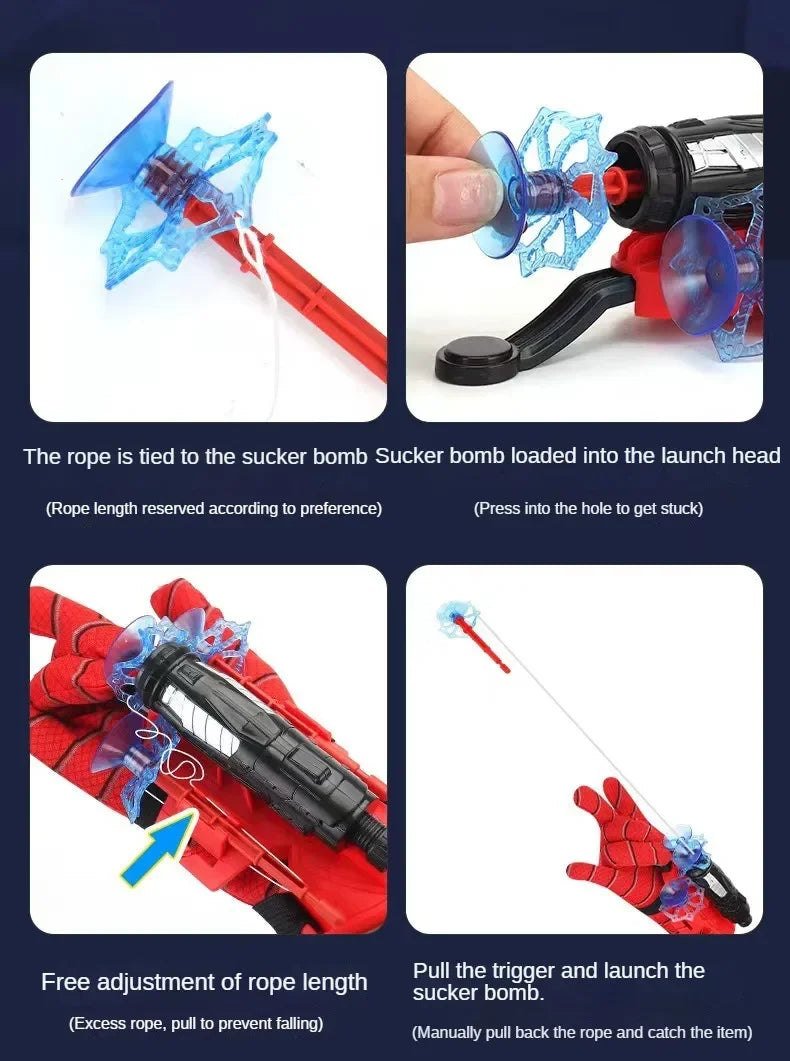 A set of superhero spider launcher gloves and a suction cup projectile demonstrating rope adjustment and launch mechanism.