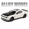 A white Dodge Challenger SRT Hellcat diecast model car shown in a side profile view.