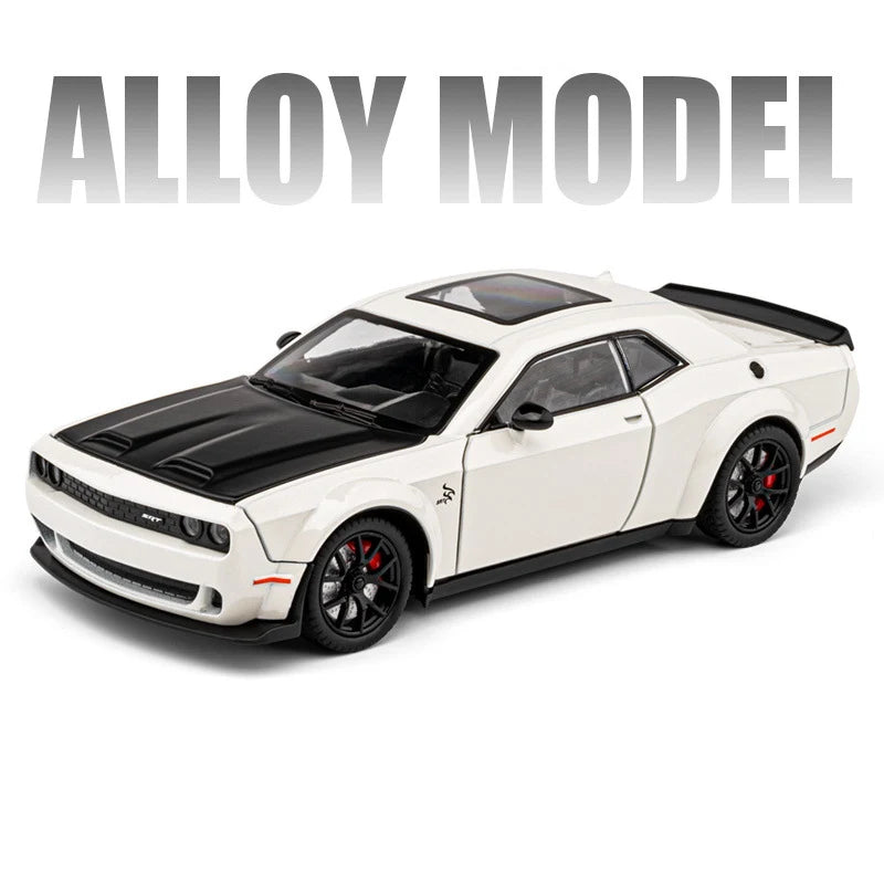 A white Dodge Challenger SRT Hellcat diecast model car shown in a side profile view.
