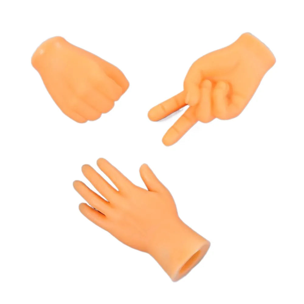 A pair of realistic tiny finger hands in an orange color shown from various angles.