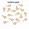 A collection of 5x10mm gold mini eye pins with screw threads for jewelry making.