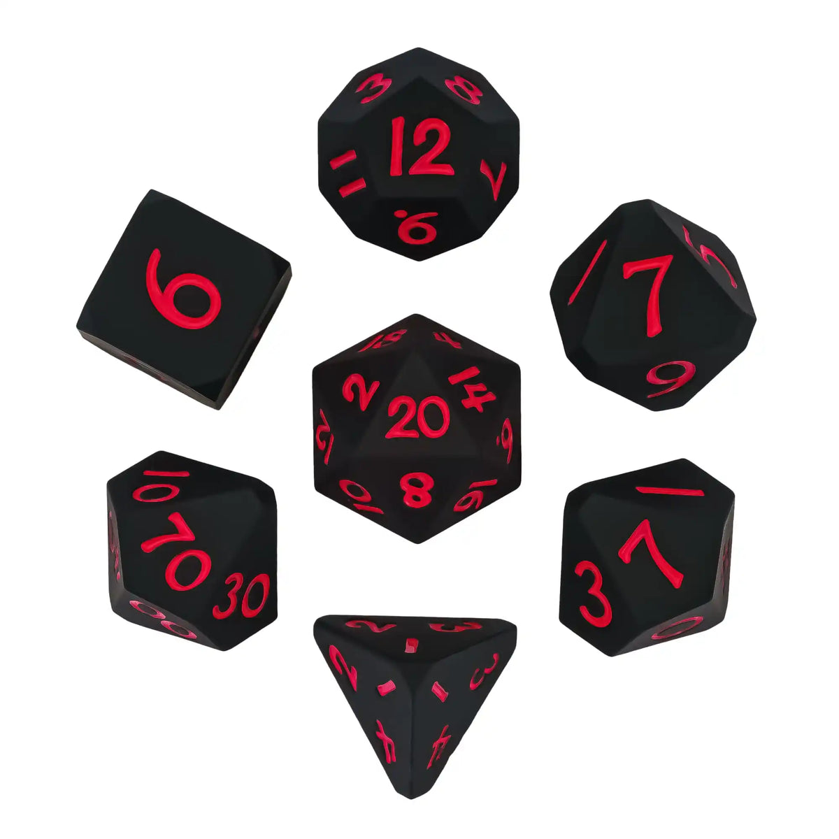 A set of black silicone polyhedral dice, including a d12, d20, and d30, displayed against a white background.