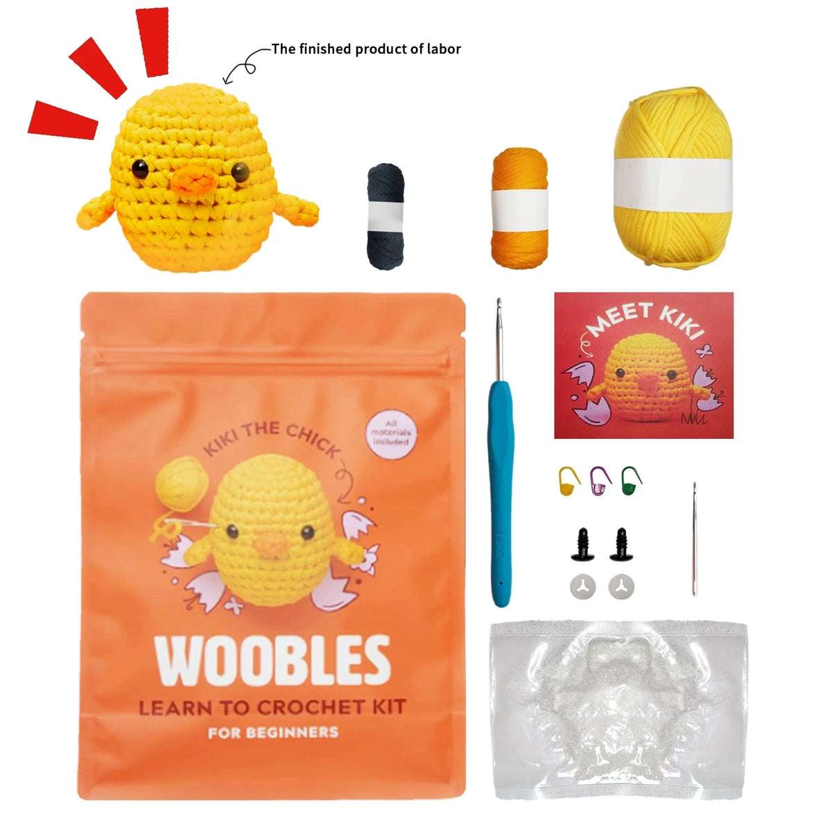 An orange bag containing a Woobles learn to crochet kit for beginners, including yarn and crochet hooks.