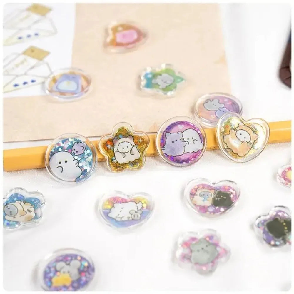 A collection of heart-shaped crystal stickers featuring cute cat and puppy designs on a beige background.