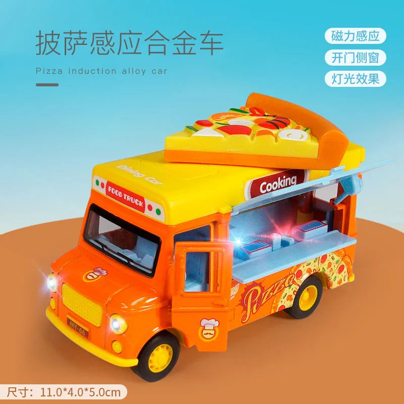 A yellow food truck toy car designed for pizza induction alloy, featuring lights and sound effects.