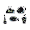 A set of four black cat enamel pins featuring stylized cats with glowing blue eyes.