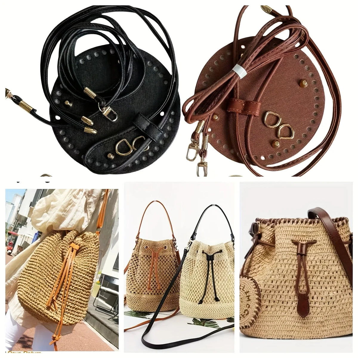 A set of brown and black crochet dumpling bags with adjustable straps and hardware for crafting