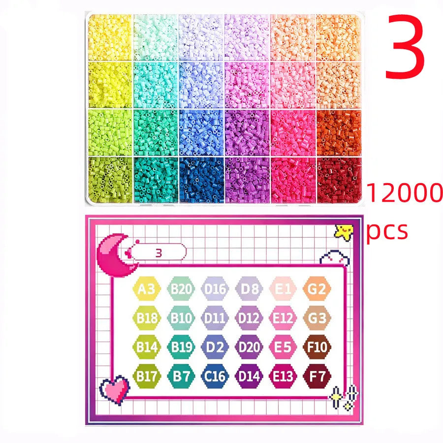 A collection of 12,000 colorful Perler beads in various shades arranged in a grid format.