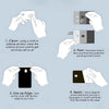 Instructions showing how to apply cute black cat card skin stickers to credit, debit, and bus cards.