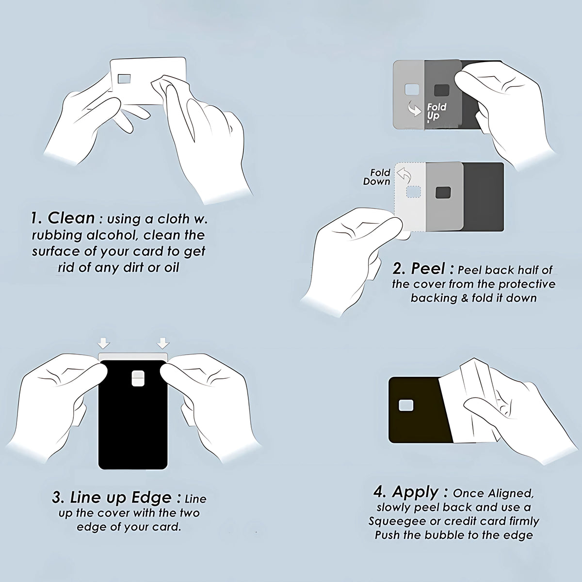 Instructions showing how to apply cute black cat card skin stickers to credit, debit, and bus cards.