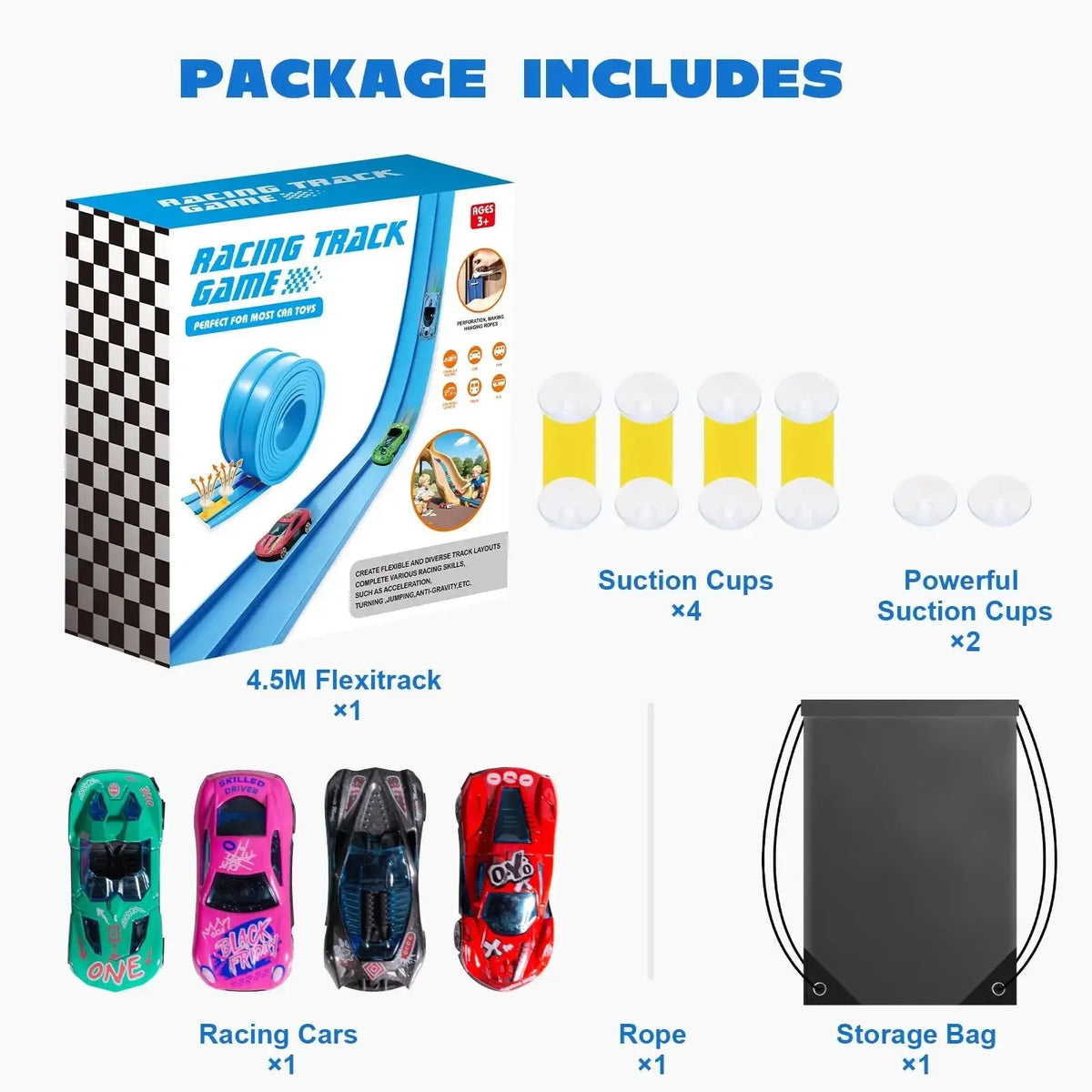 A package of a flexible 4.5M racing track game includes a blue track, suction cups, racing cars, and a storage bag.