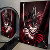 A framed anime illustration of a character with white hair and red eyes wielding a sword against a dark background.