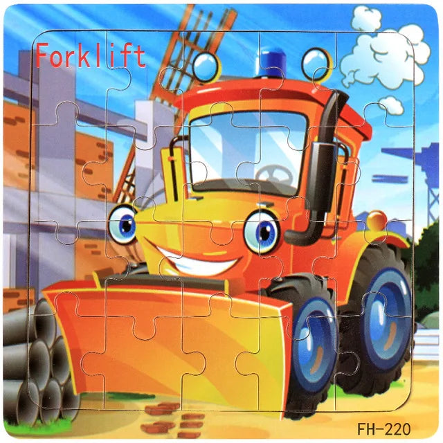 An orange forklift toy vehicle is shown in a jigsaw puzzle format.