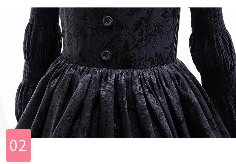 Black lace dress for a girl featuring long sleeves and a full skirt with a buttoned bodice.