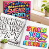 An open coloring book shows bold and easy swear word patterns on the cover and a page with text encouraging users to staple t