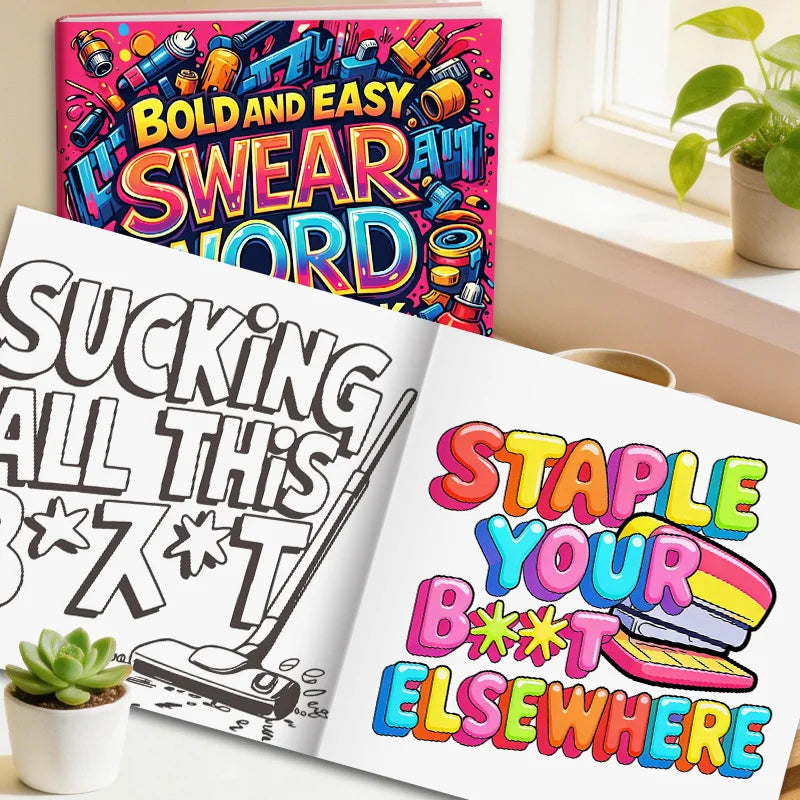 An open coloring book shows bold and easy swear word patterns on the cover and a page with text encouraging users to staple t