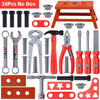 A set of red and gray pretend play tools including a drill, pliers, and various plastic components.