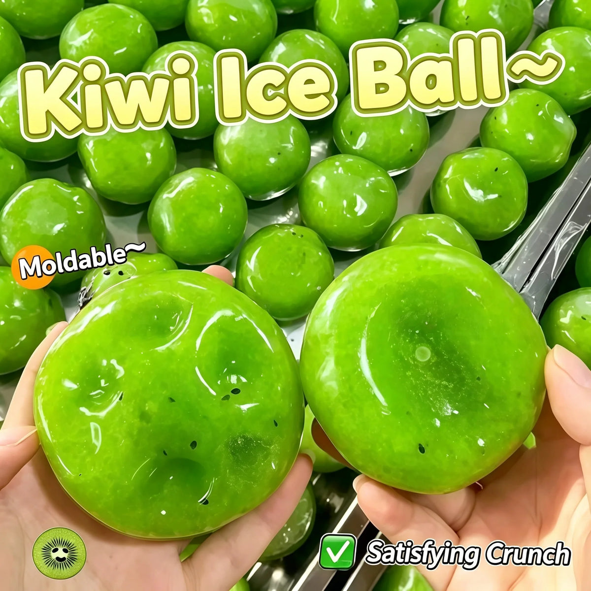 Green kiwi ice balls are shown in a clear container with hands holding one of the moldable squishy toys.