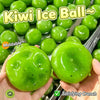 Green kiwi ice balls are shown in a clear container with hands holding one of the moldable squishy toys.