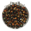 A pile of round, iridescent brown and green glitter resin beads in a silver dish for jewelry making